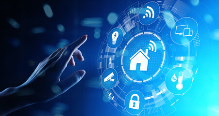 Smart home control panel on virtual screen. IOT and Automation technology concept.