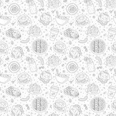 Healthy breakfast food seamless pattern in black and white colors. Colored page for adults. Line illustration