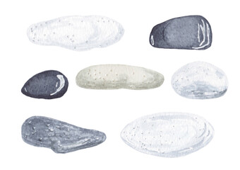 Set of watercolor illustrations of  black, gray and white stones.