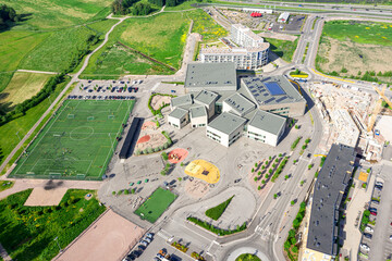 Obraz premium Aerial view of School building in Suurpelto district, Espoo, Finland.