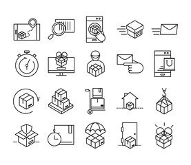 delivery packaging, cargo distribution, logistic shipment of goods icons set line style design