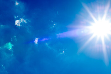 Blue sky with clouds and sun nice outdoor sunny day background.