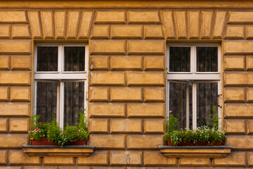 yellow wall with windows in old city Poland