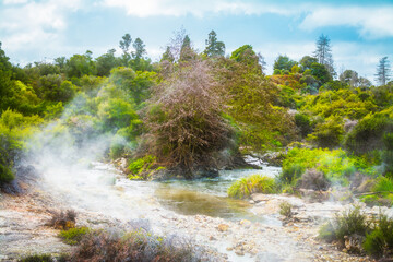 Surrealistic landscape with a stream running through geothermal zone towards the woods