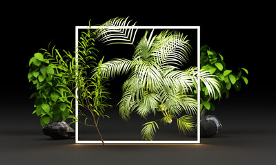 Bright light glow from geometric shapes, neon cyberpunk background with tropical leaves 3d rendering