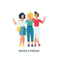 Fototapeta premium Concept of referral marketing, Refer A Friend loyalty program, promotion method. Vector illustration in flat style