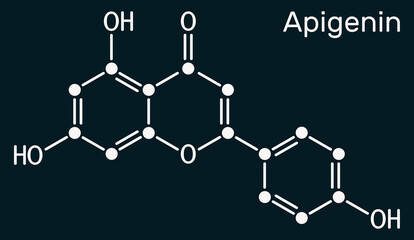 Apigenin, C15H10O5, flavone, aglycone molecule. It is plant-derived flavonoid, exhibits antiproliferative, anti-inflammatory, antimetastatic activities.Dark blue background
