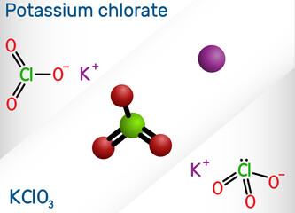 Potassium chlorate, potcrate, KClO3 molecule. Structural chemical formula