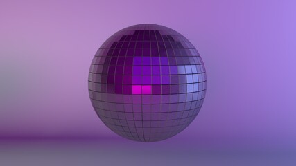 3d render illustration of colorful disco ball, isolated on purple background.