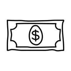 Money banknote or dollar bill icon logo in black on isolated white background Hand drawn doodle style design Fashion print for clothes apparel greeting invitation card banner poster flyer website