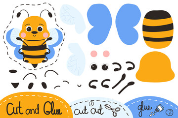 Cute cartoon bee. Education paper game for children. Cut and glue to create the image.Vector stock illustration in flat style isolated on white background.