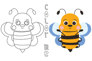 Outline with cute cartoon friendly bee in flat style. Mascot character. Coloring. Black and white. Vector stock illustration isolated on white background. Kids coloring book. Game for children.
