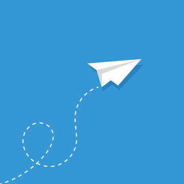 Paper Airplanes Flying On Blue Sky. Abstract Trendy Banner. Message Concept.