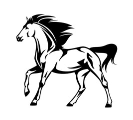 Fototapeta na wymiar running free mustang horse side view black and white vector outline