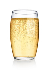 Glass of yellow soda soft drink isolated on white background.