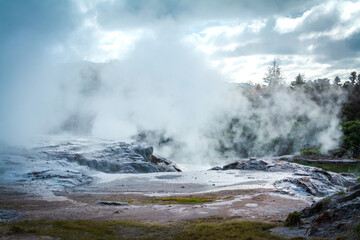 Steam rising above geyser field