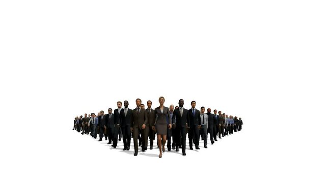 Businessmen lead by a businesswoman, 4K against white