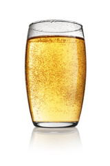 Glass of yellow soda soft drink isolated on white background.