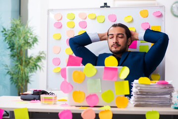 Young male employee in conflicting priorities concept