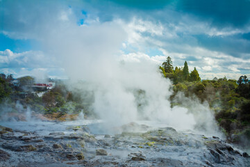 Steam rising above geyser field near Rotorua