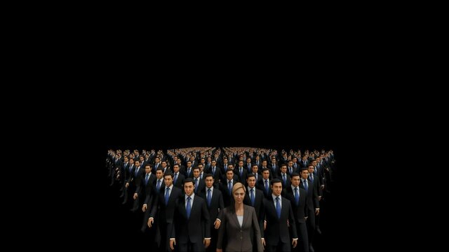 Businessmen with a businesswoman in front forming arrow shape pointing up, 4K, against black