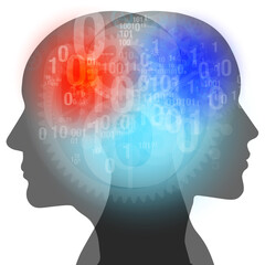 A collection of semi-transparent Numbers, Gears and Network links overlaid across a female and male side profile silhouette.
