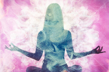 Spiritual practice. Harmony balance. Meditating woman silhouette in pink ethereal smoke double...
