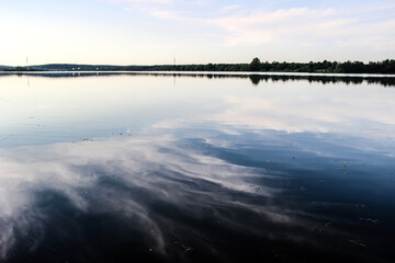 reflection of clouds in a blue lake