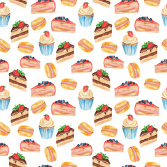 seamless pattern, watercolor illustration, sweets, cake piece, cupcake, wallpaper and fabric ornament, wrapping paper, background for different design