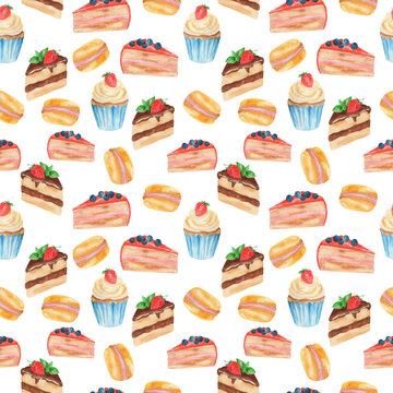 seamless pattern, watercolor illustration, sweets, cake piece, cupcake, wallpaper and fabric ornament, wrapping paper, background for different design