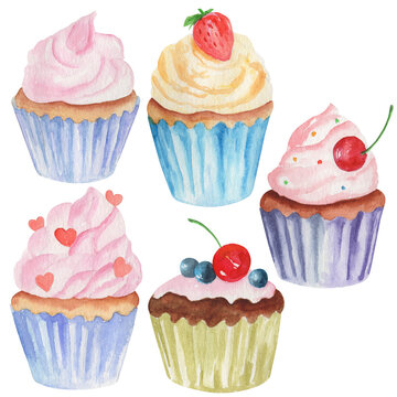 watercolor illustration, set of sweets, piece of cake, cupcake, isolate on a white background