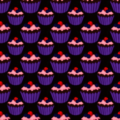seamless pattern, vector illustration in cartoon style, cupcake, sweets, cake piece, in bright colors, wallpaper and fabric ornament, wrapping paper, background