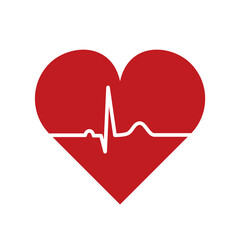 Heart rate sign. Electrocardiogram with heart shape. Heartbeat EKG or ECG line icon. Normal sinus rhythm. Pulse line symbol. Red heart on white background. Vector illustration, flat design, clip art.