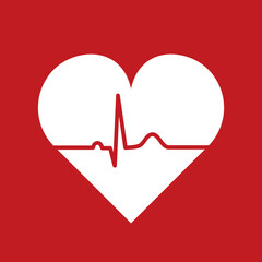 Heartbeat EKG or ECG line icon. Normal sinus rhythm. Heart rate sign. Electrocardiogram with heart shape. Pulse line symbol. White heart on red background. Vector illustration, flat design, clip art.