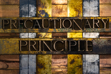 Precautionary Principle text formed with real authentic typeset letters on vintage textured silver grunge copper and gold background