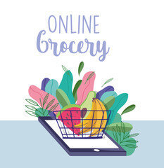 online market, smartphone shopping basket with fruits, food delivery in grocery store