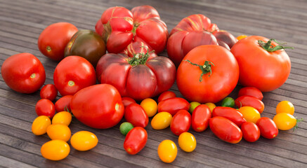 different varieties of ripe red and yellow appetizing tomatoes