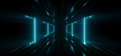 Sci Fi Futuristic Modern Neon Alien SPaceship Laser Beams Concrete Tunnel Reflective Metal Cyber Dark Background Empty Underground  Corridor 3D Rendering