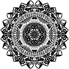 Black and white mandala with a pattern.
