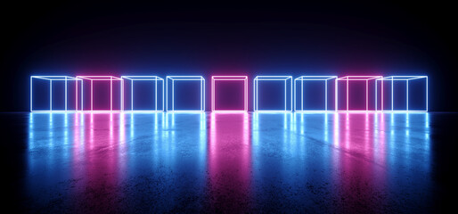 Retro Sci Fi Modern Futuristic Laser Cubes Neon Beams Glowing Purple Blue Vibrant On Concrete Floor Dark Background Virtual Reality Synth 3D Rendering
