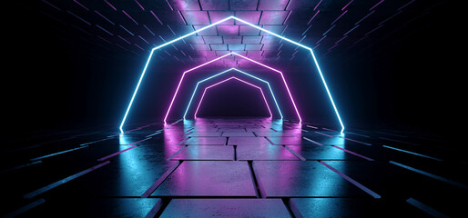 Retro Sci Fi Modern Futuristic Laser Arc Gate Grunge Neon Beams Glowing Purple Blue Vibrant On Concrete Floor Dark Background Virtual Reality Synth 3D Rendering