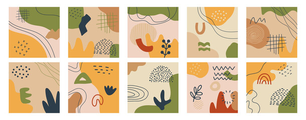 Fototapeta premium Set of Abstract backgrounds. Hand drawn shapes modern trendy Vector illustration. Mid boho century modern minimalist art print