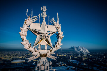 Star atop of the Moscow State University covered with hoarfrost.