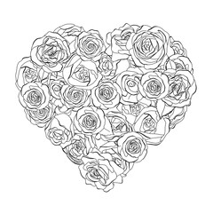 Heart-shaped rose flowers. Black outline on a white background. Black and white vector illustration in sketch style. Romance. Valentine's day.