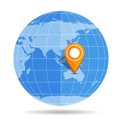Globe Earth flat with orange map pin on continent Australia icon isolated on white background. © graphego