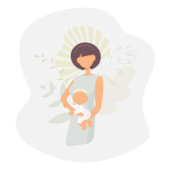 Cute young woman mother without face in minimal style decorated fantasy abstract leaves. Gentle girl mum holding a lovely kid. Female mom in a light blue dress with baby. Flat vector illustration