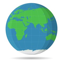 Earth Globe view of Asia Europa Africa Australia. Flat color planet Earth icon isolated on white background. 