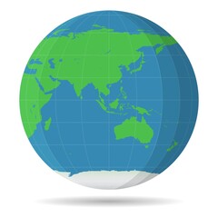 Earth Globe view of Asia Australia. Flat color planet Earth icon isolated on white background.