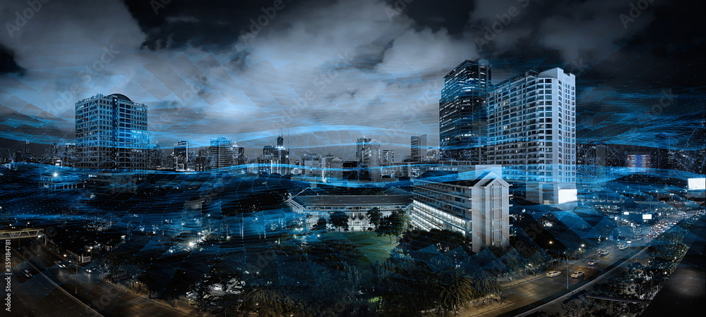 Poster smart city with wireless network and connection technology concept with abstract bangkok city backgr