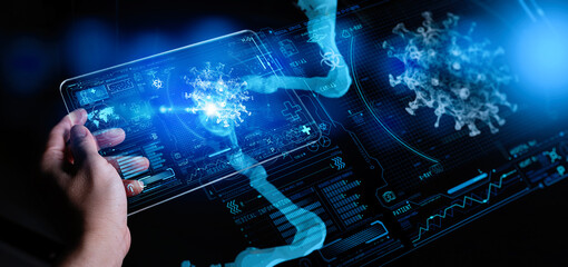 Medicine doctor sciene hand with Ai robotics research and analysis. Diagnose checking coronavirus...